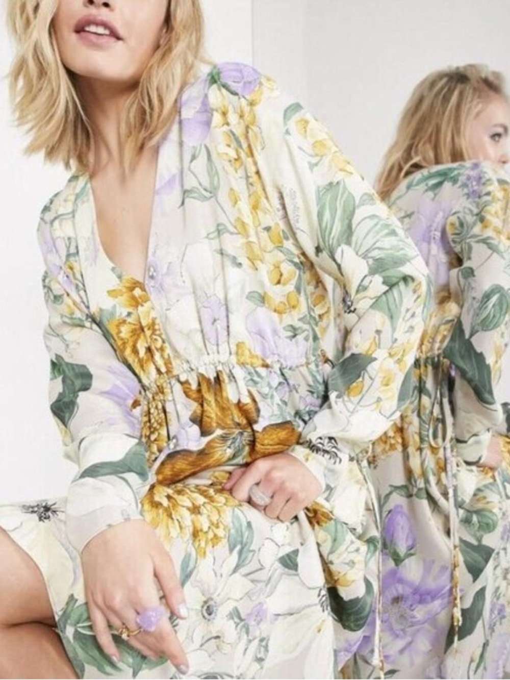 ASOS Edition Satin Floral Midi Dress VERY Oversized V-Neck Drawstring Waist US 6